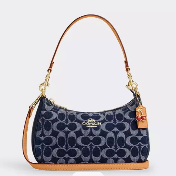 Coach Teri Shoulder Bag In Signature Denim W/Cherry & Leather Hangtag NWT - Picture 2 of 7